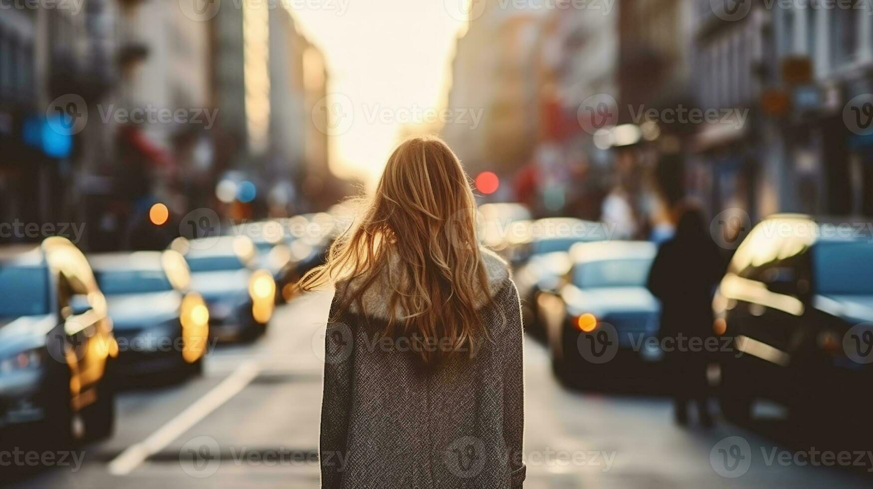 jong vrouw wandelen Aan stad straat. generatief ai foto