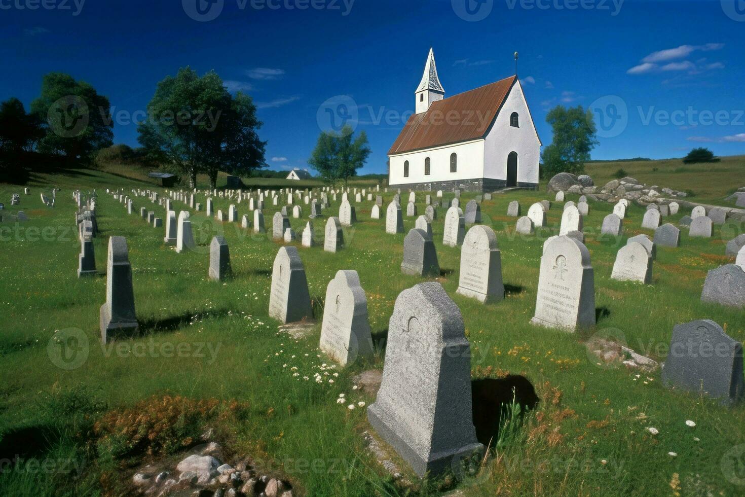 landelijk begraafplaats veld- met kerk in Noorwegen. genereren ai foto