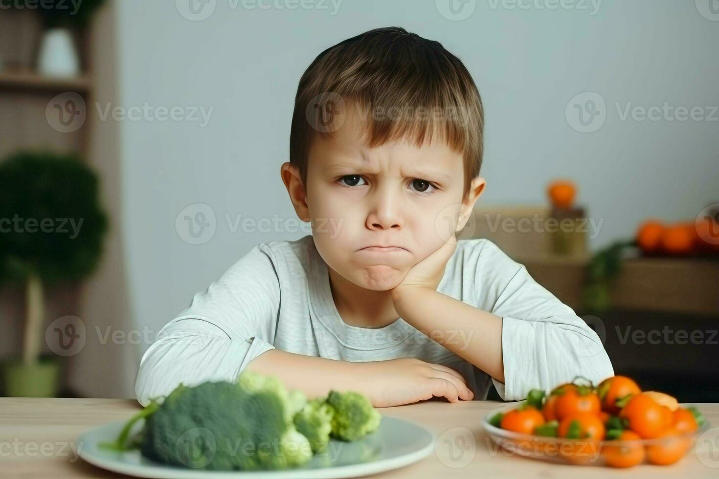 jongen tonen walging voor vers groenten. genereren ai foto