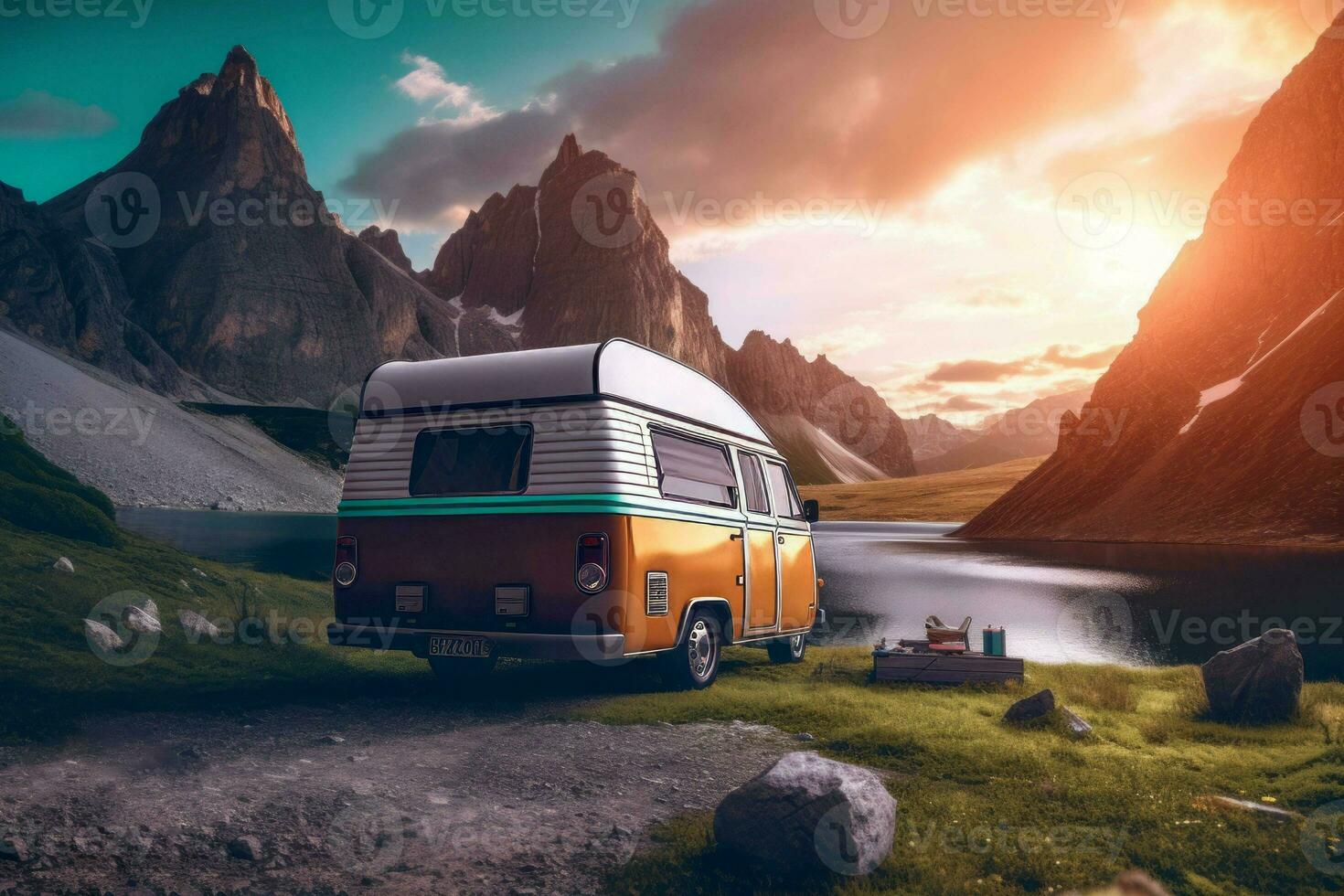 toneel- berg zonsondergang visie met camping auto. genereren ai foto