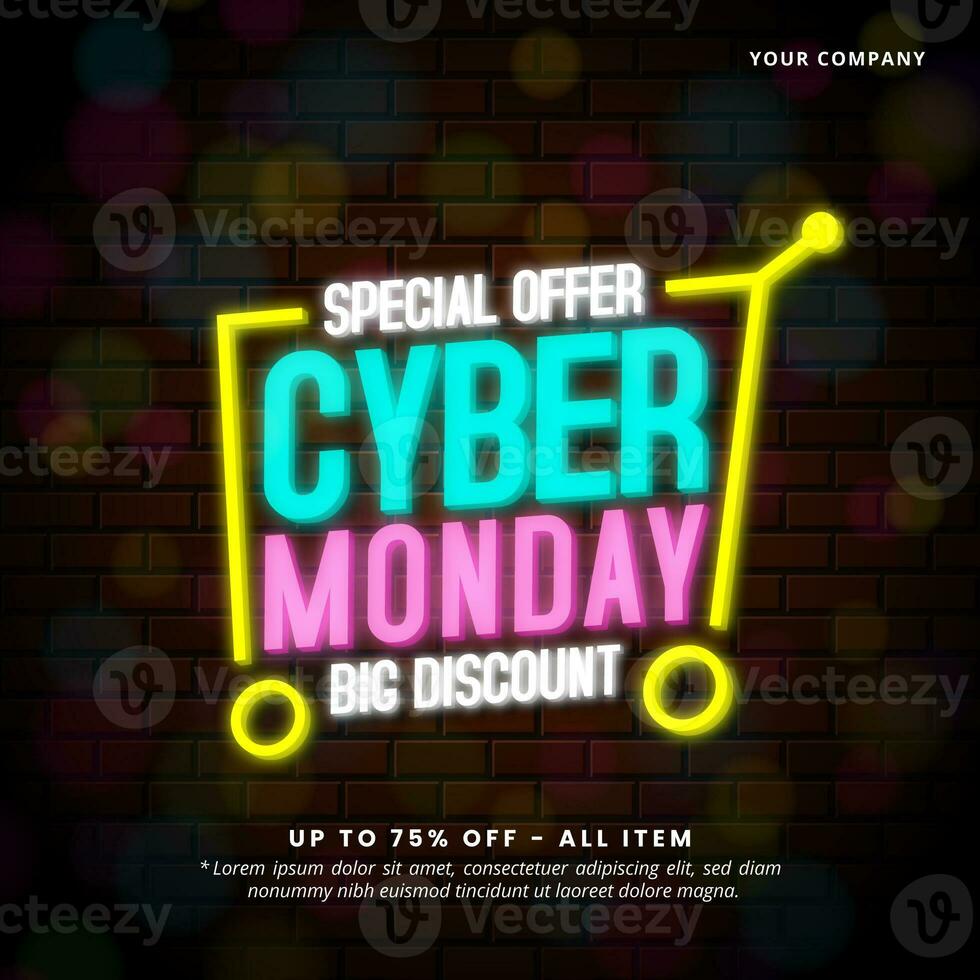 plein cyber maandag uitverkoop banier met neon-stijl tekst met een boodschappen doen kar foto