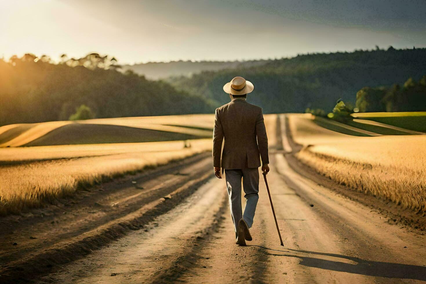 een Mens wandelen naar beneden een aarde weg met een riet. ai-gegenereerd foto