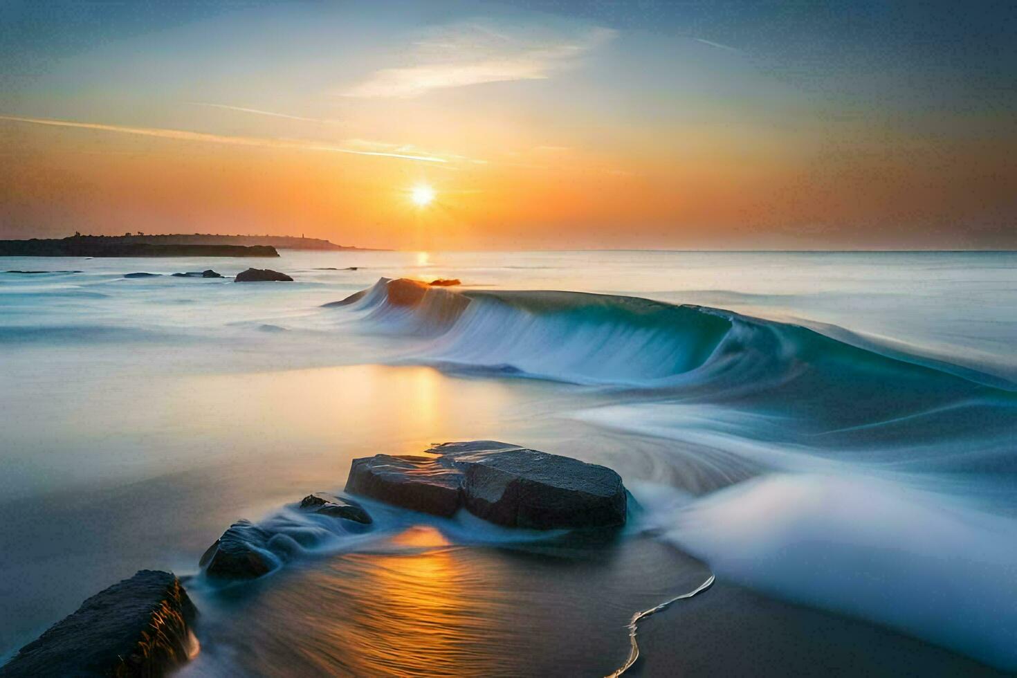 de zon sets over- de oceaan in deze lang blootstelling fotograaf. ai-gegenereerd foto