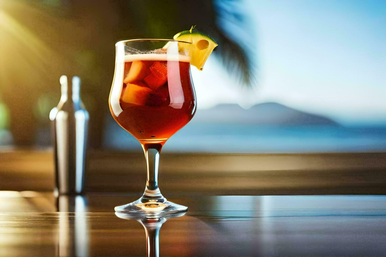 een glas van rood drinken Aan een tafel in voorkant van de oceaan. ai-gegenereerd foto