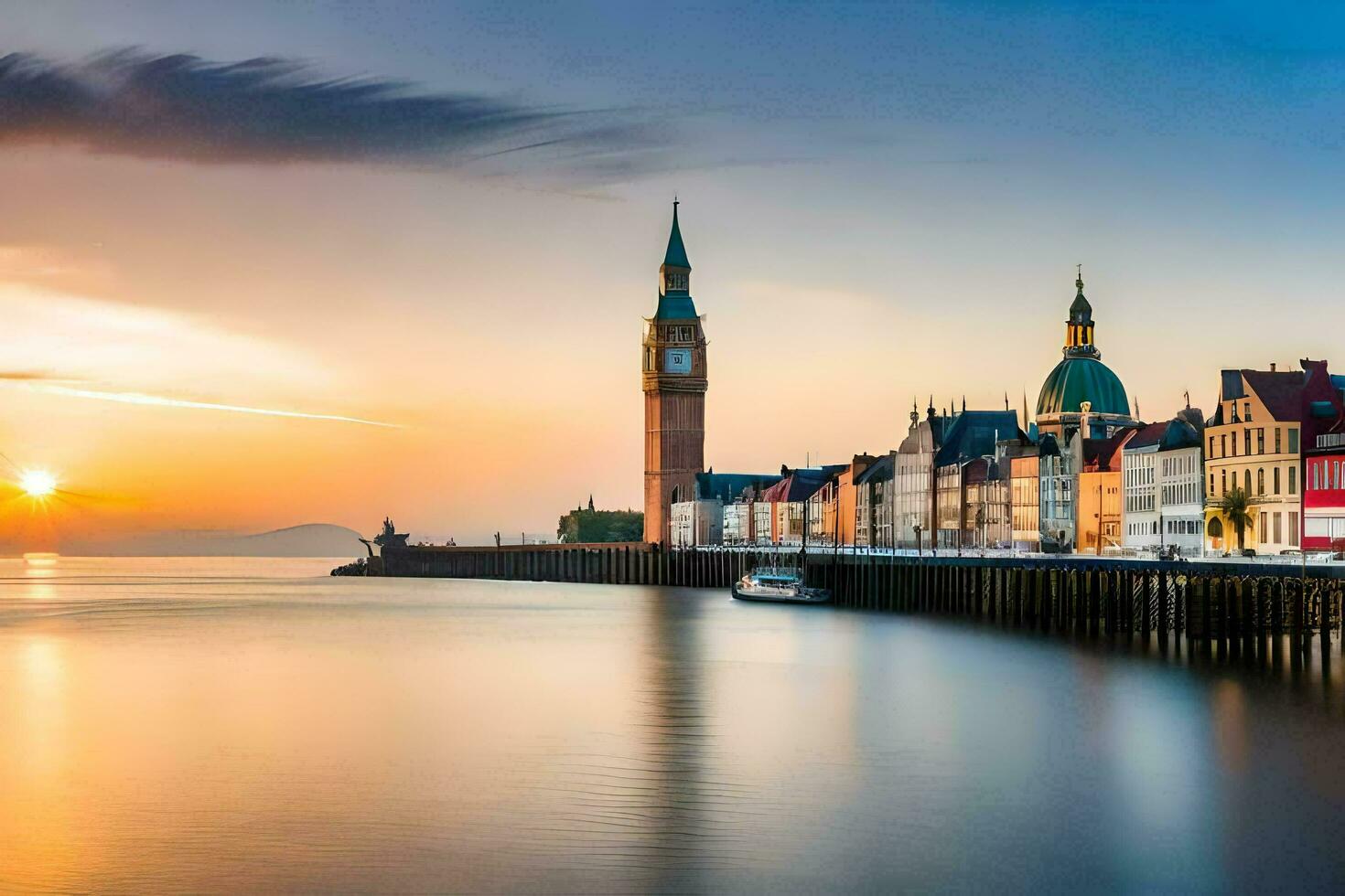 de zon is instelling over- een stad en een klok toren. ai-gegenereerd foto