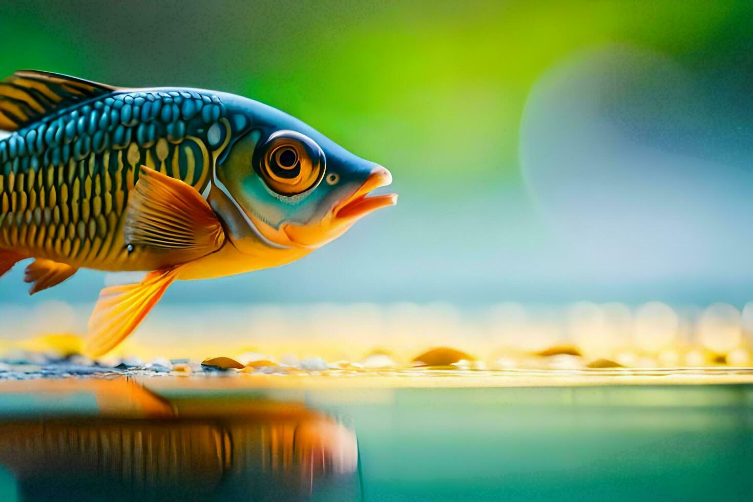 een vis is staand Aan de water met een groen achtergrond. ai-gegenereerd foto