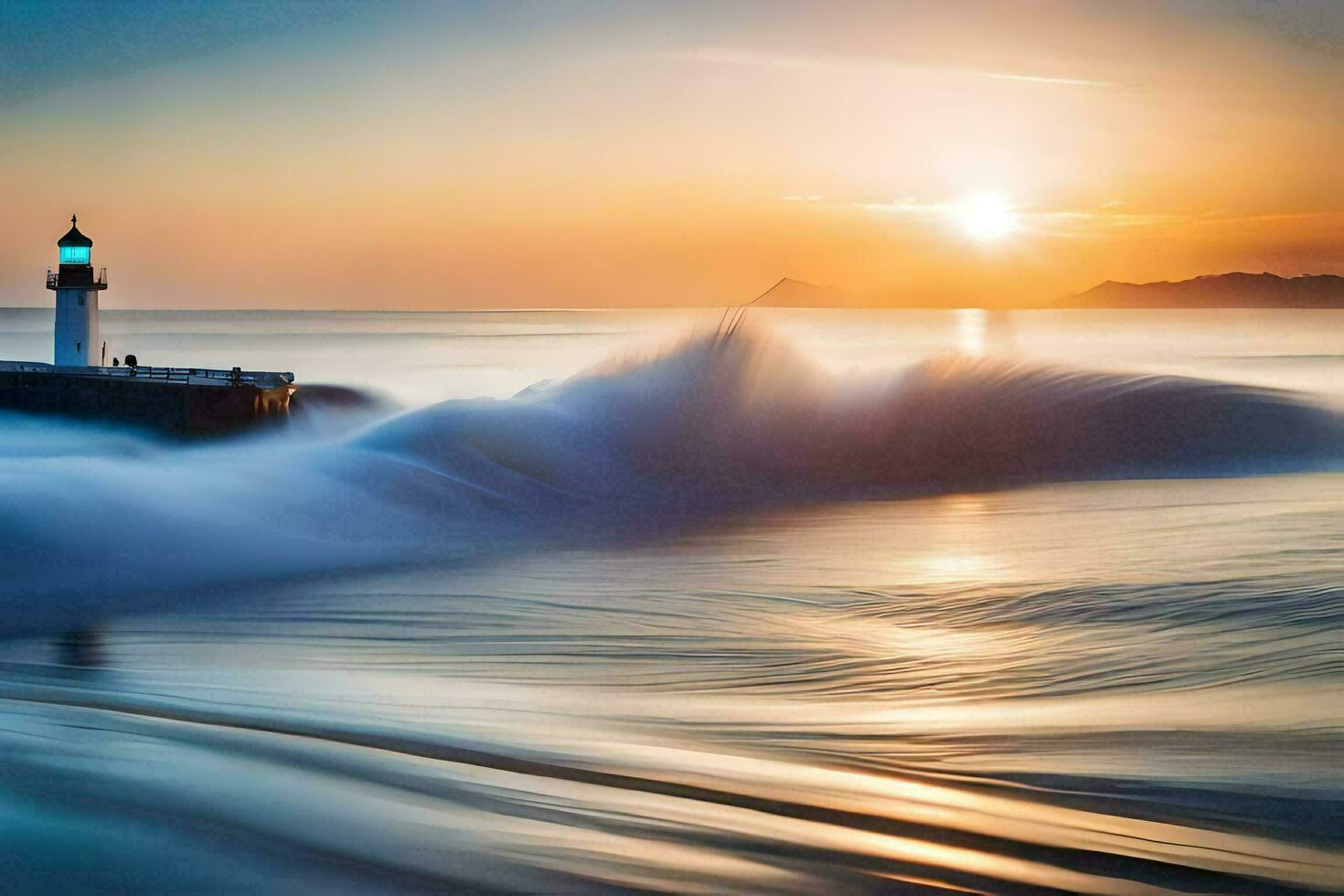 een vuurtoren in de oceaan met golven crashen in het. ai-gegenereerd foto