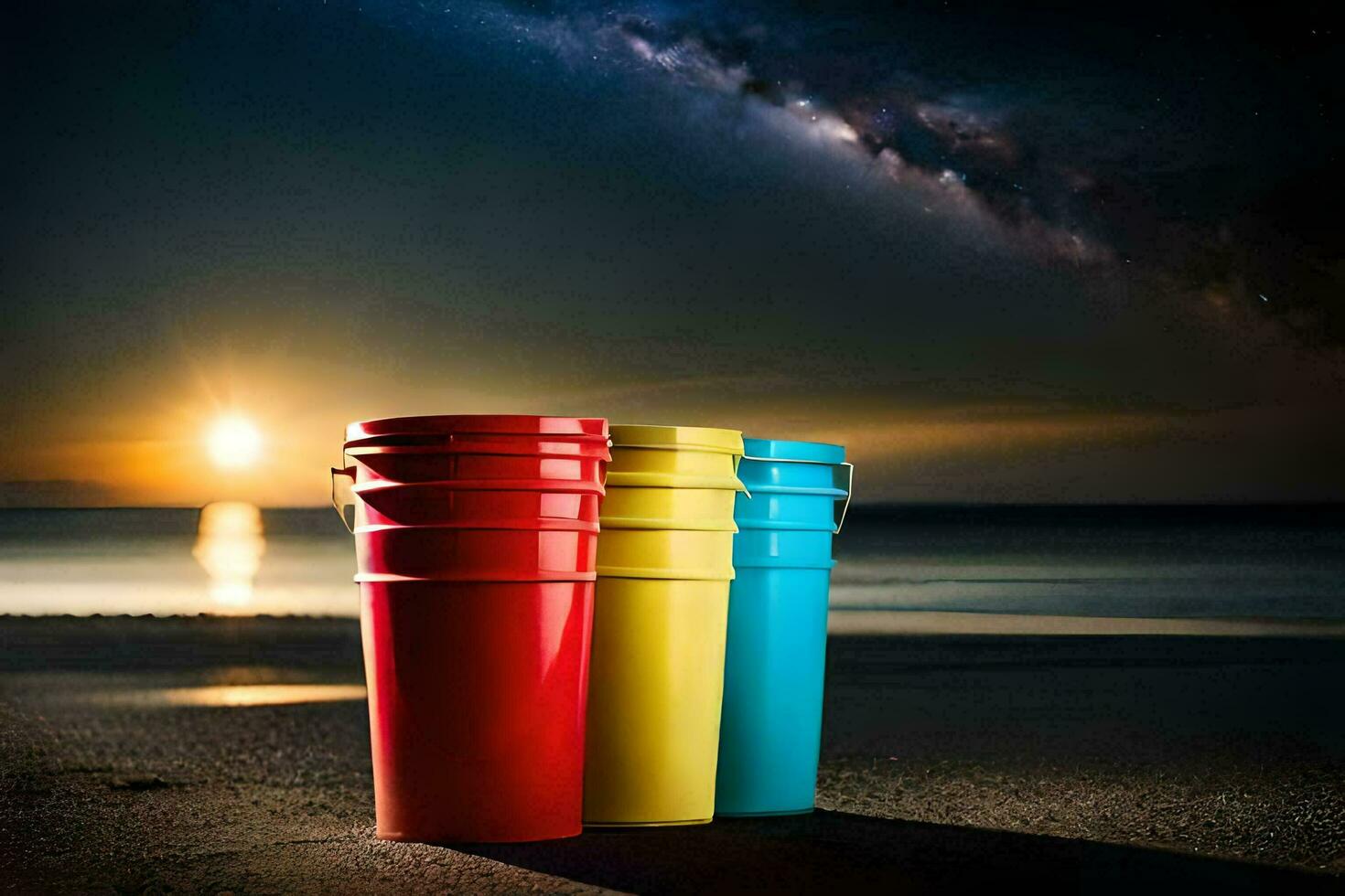 drie kleurrijk emmers Aan de strand Bij nacht. ai-gegenereerd foto