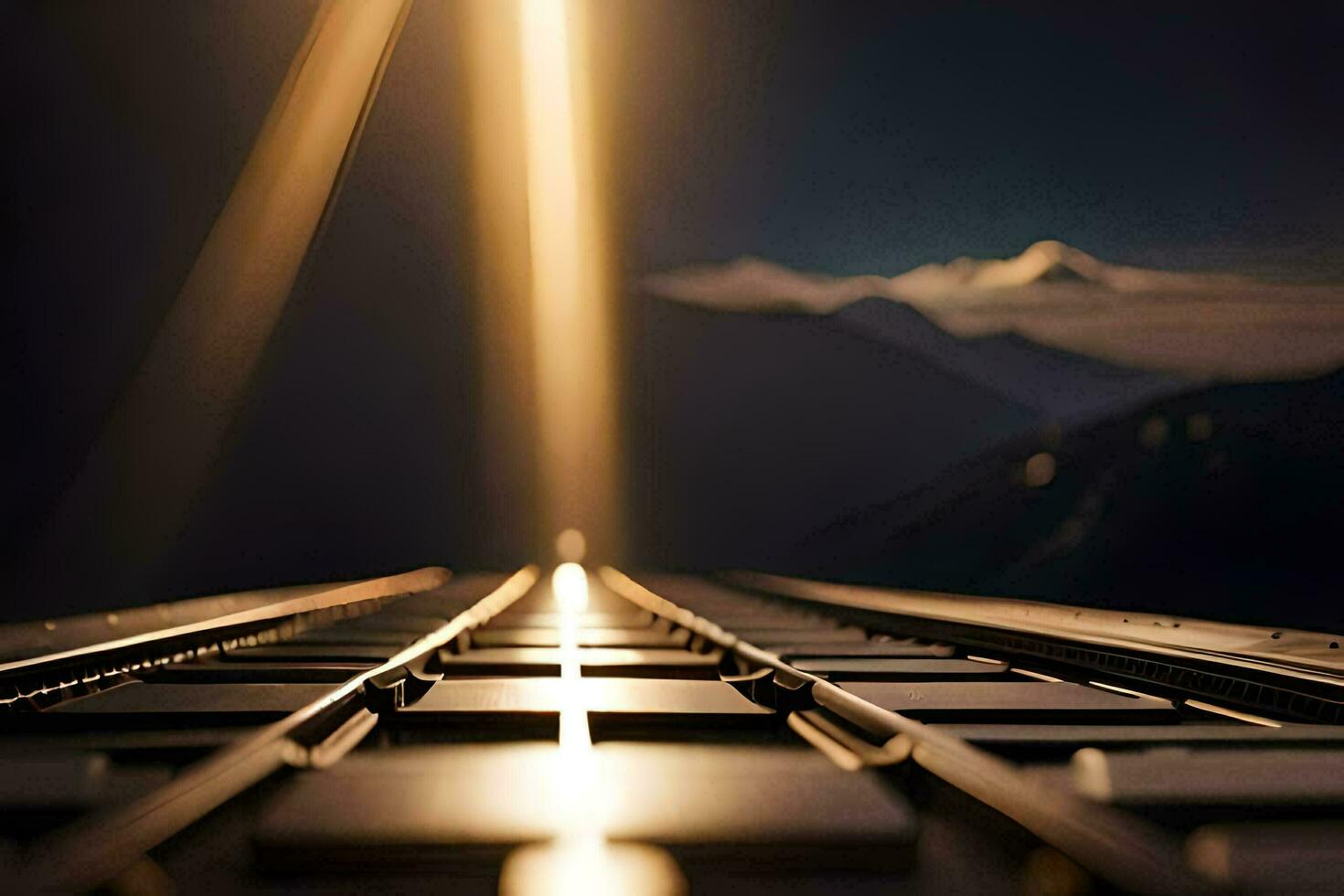 een trein bijhouden met een helder licht schijnend Aan het. ai-gegenereerd foto