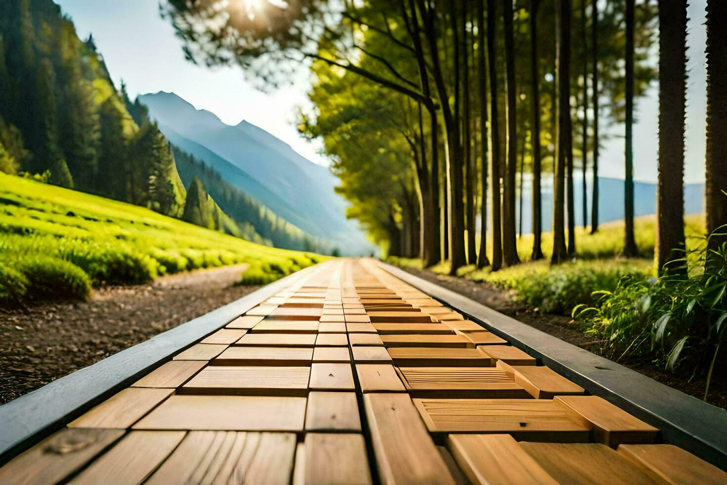 een loopbrug in de midden- van een veld- met bomen. ai-gegenereerd foto