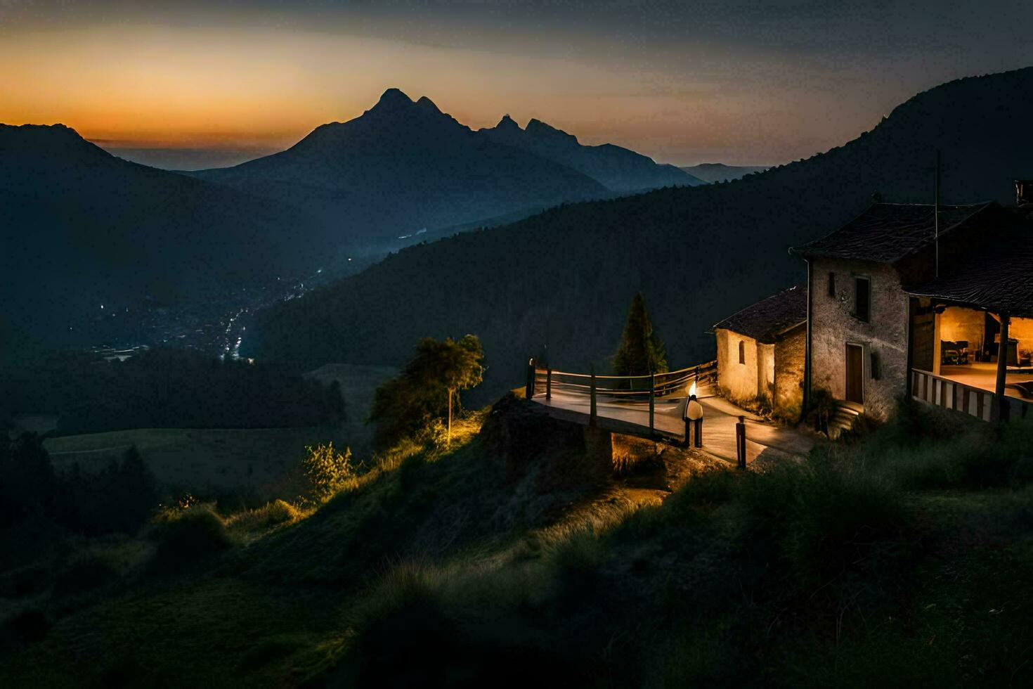 een huis zit Aan een heuvel Bij zonsondergang. ai-gegenereerd foto