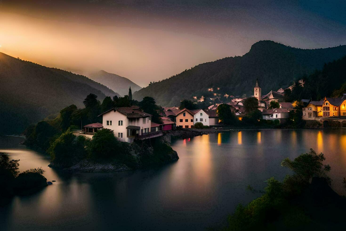 foto behang de lucht, water, bergen, meer, huis, zonsondergang, de dorp, meer. ai-gegenereerd