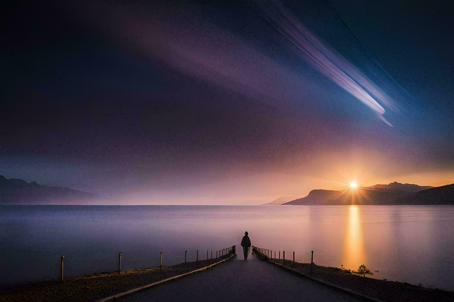 een Mens wandelingen langs een pier Bij zonsondergang. ai-gegenereerd foto