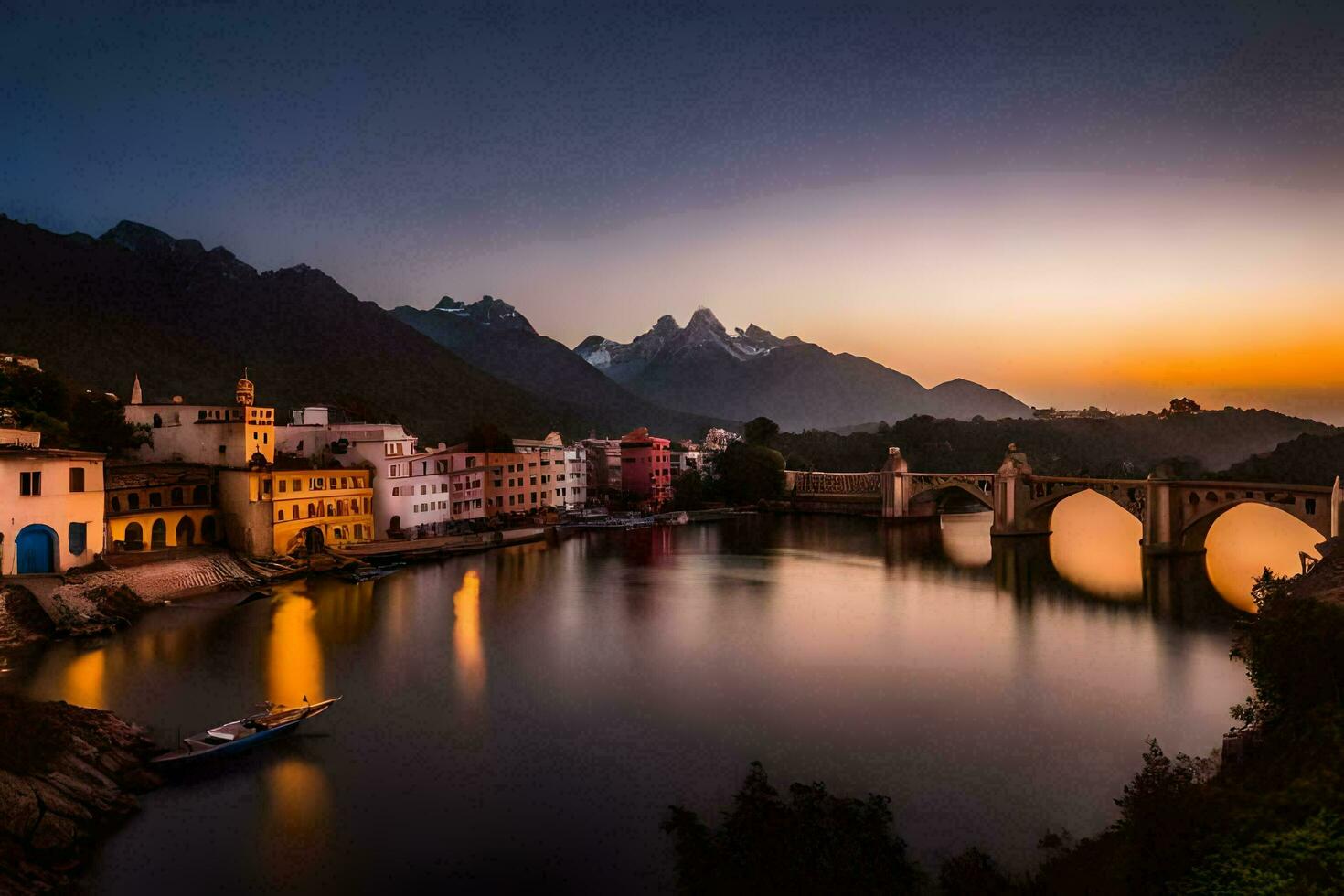 foto behang de lucht, water, bergen, brug, rivier, zonsondergang, Indië, u. ai-gegenereerd