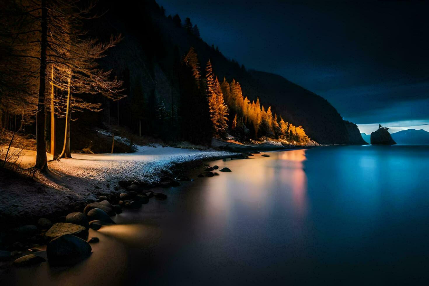 foto behang de lucht, bomen, meer, de donker, de meer, de donker, de. ai-gegenereerd