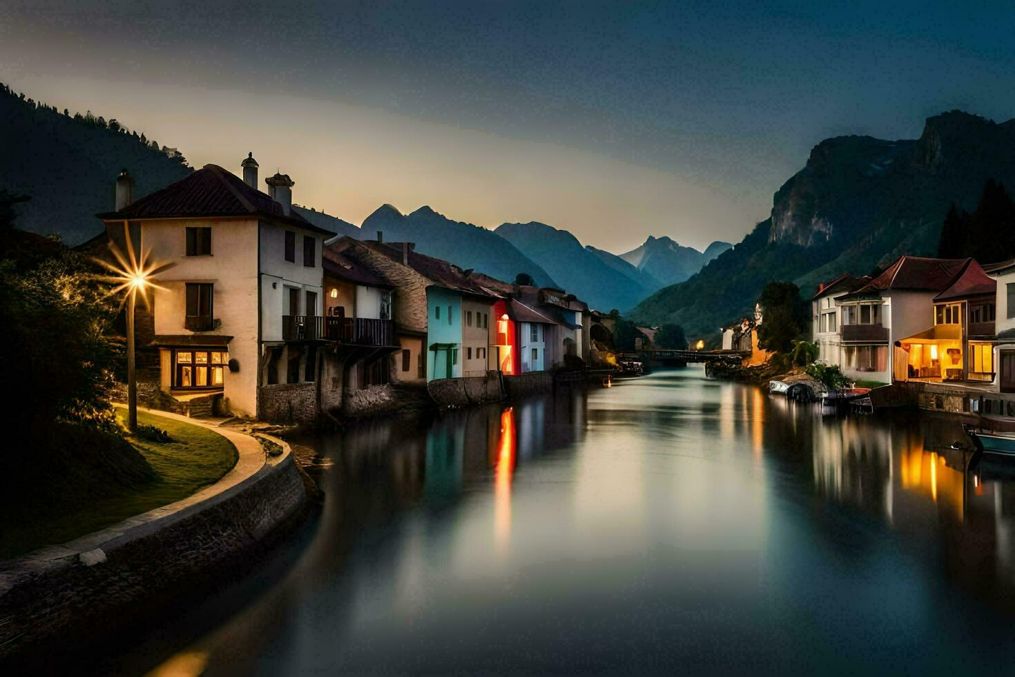 een rivier- loopt door een stad- Bij schemering. ai-gegenereerd foto