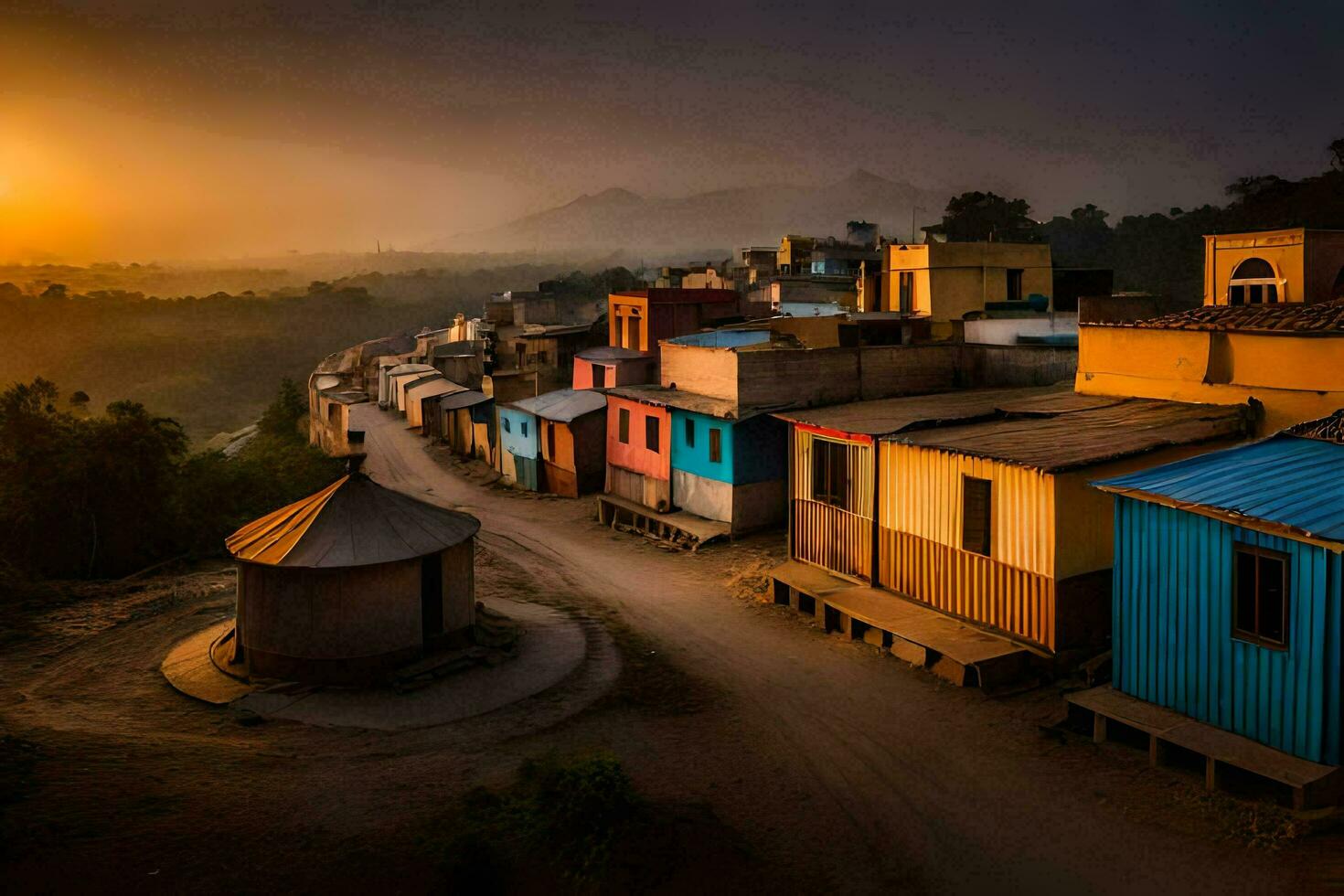 een dorp Bij zonsondergang met kleurrijk huizen. ai-gegenereerd foto