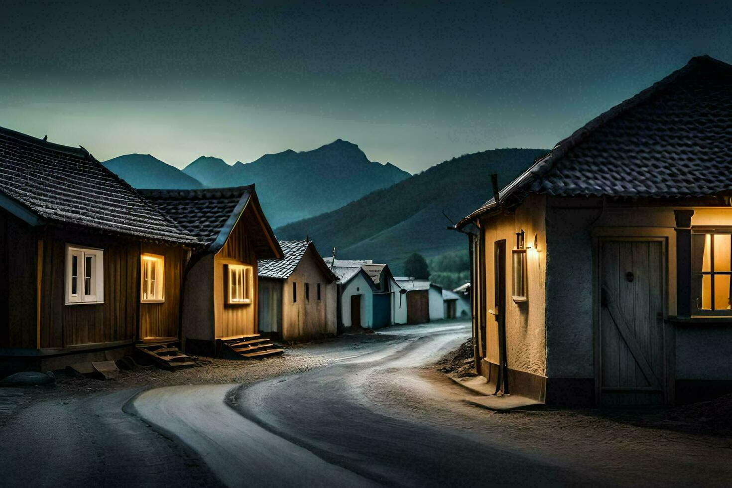 foto behang de lucht, bergen, weg, huizen, de donker, de nacht, de bergen. ai-gegenereerd