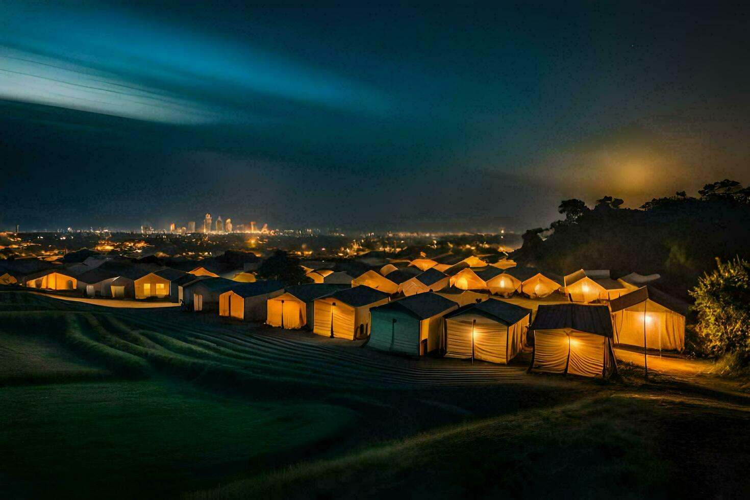 een nacht schot van een groep van hutten Aan een heuvel. ai-gegenereerd foto