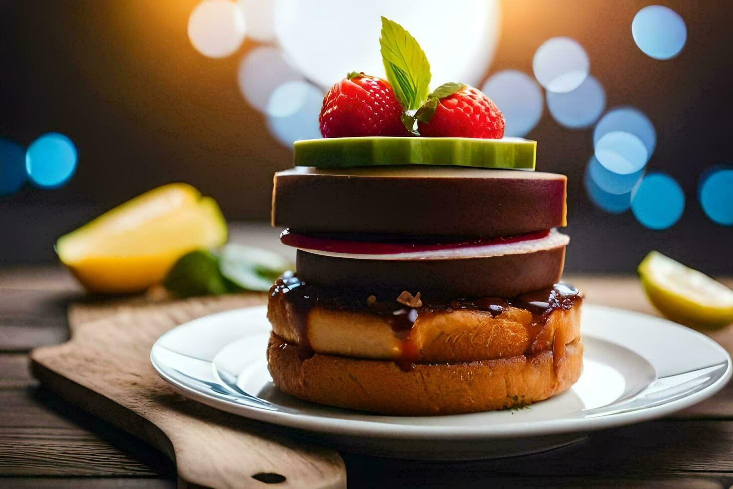 een stack van drie cakes met fruit Aan top. ai-gegenereerd foto