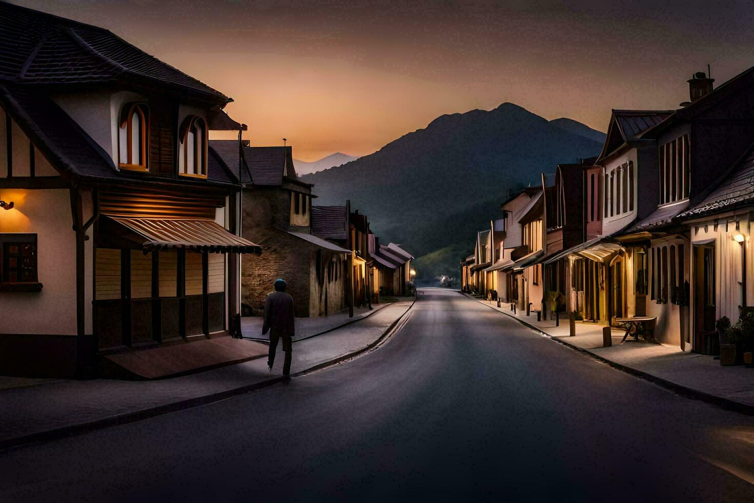 een straat in de bergen Bij zonsondergang. ai-gegenereerd foto