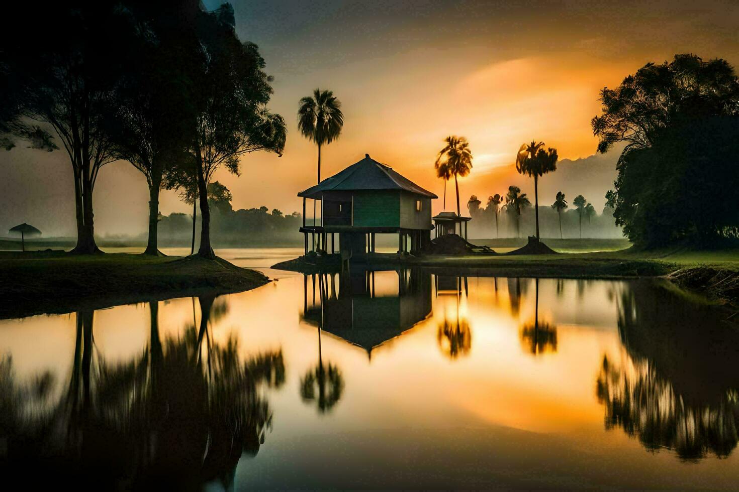 een klein huis zit Aan de rand van een meer Bij zonsondergang. ai-gegenereerd foto