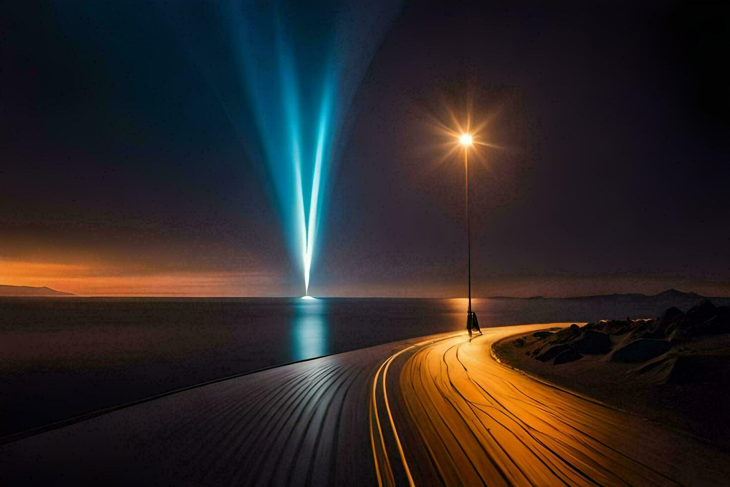 een Mens wandelingen langs een pier Bij nacht met een licht schijnend van de lucht. ai-gegenereerd foto