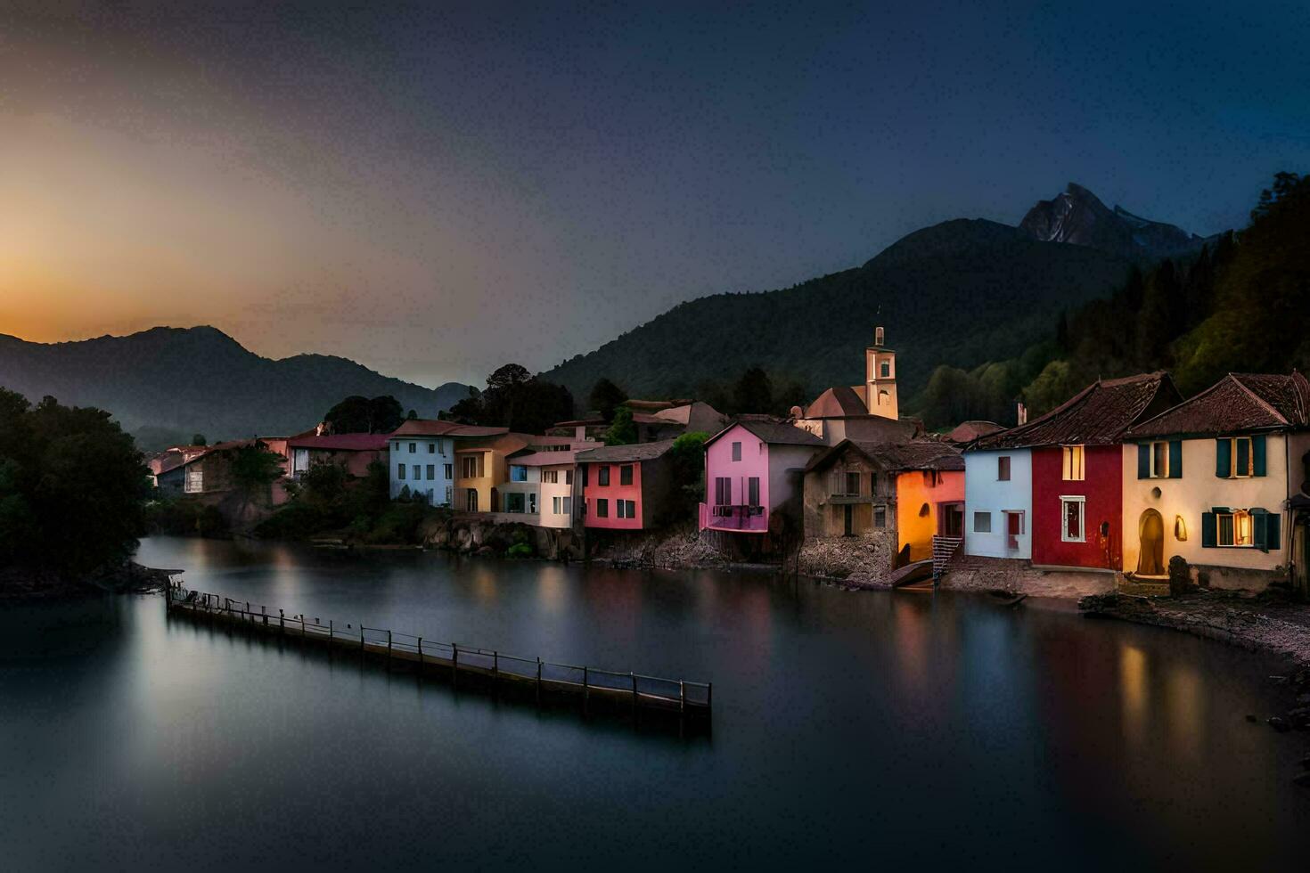 een rivier- en een stad- Bij zonsondergang. ai-gegenereerd foto