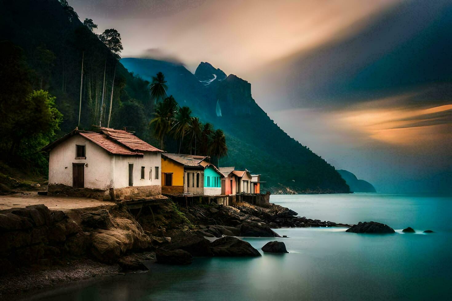 een rij van huizen Aan de kust van een meer. ai-gegenereerd foto