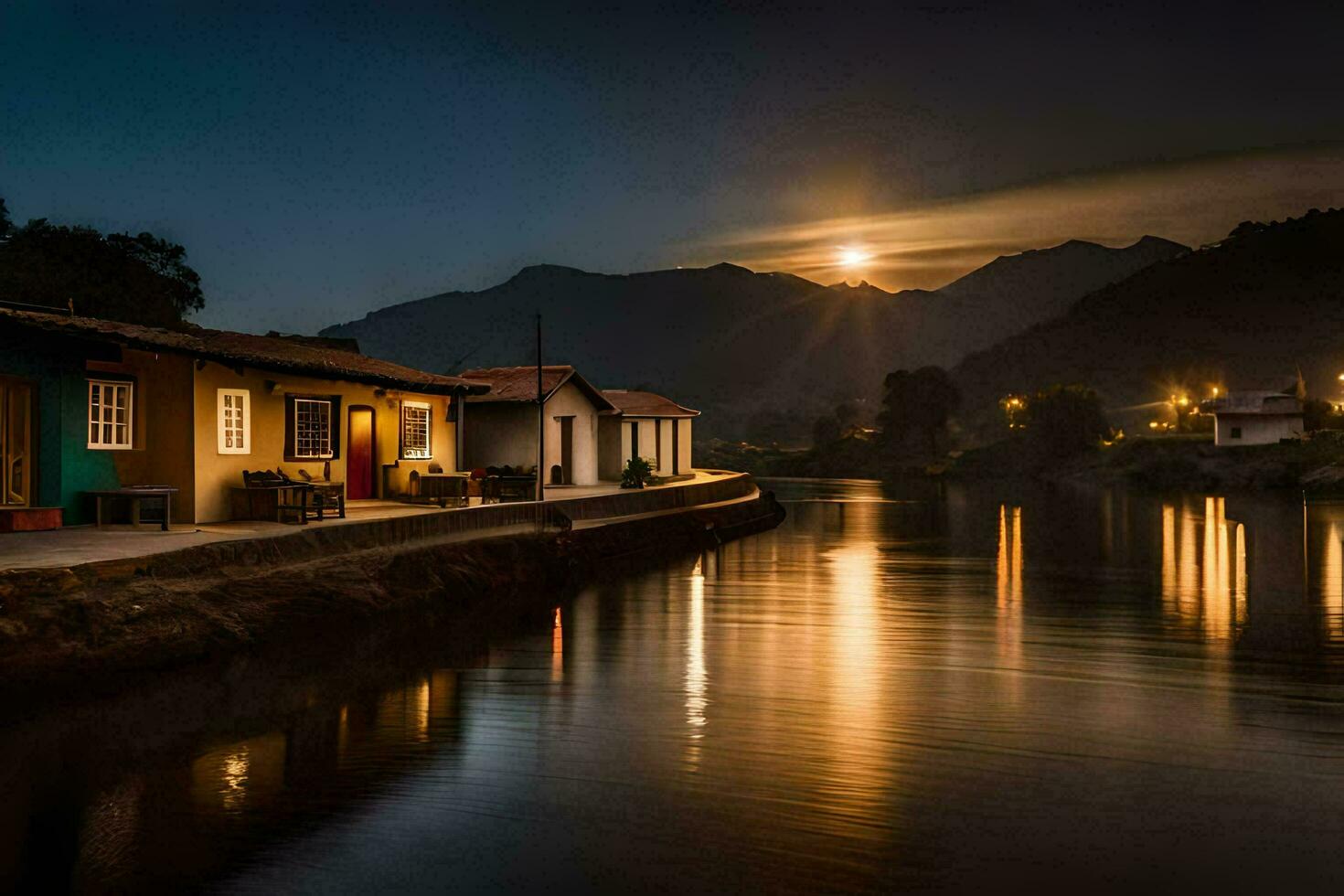 de maan stijgt over- de rivier- Bij nacht. ai-gegenereerd foto