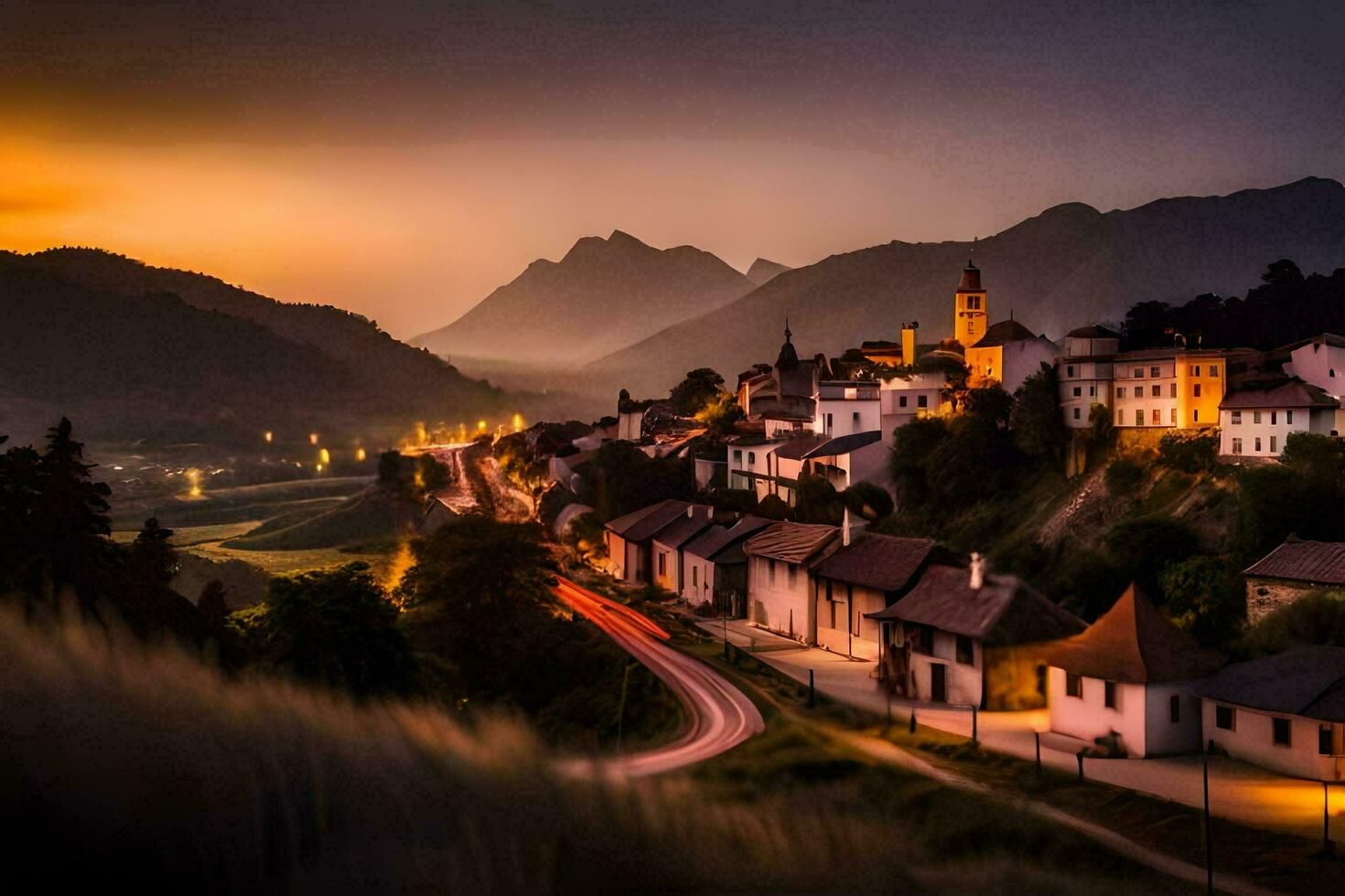 een stad- in de bergen Bij zonsondergang. ai-gegenereerd foto