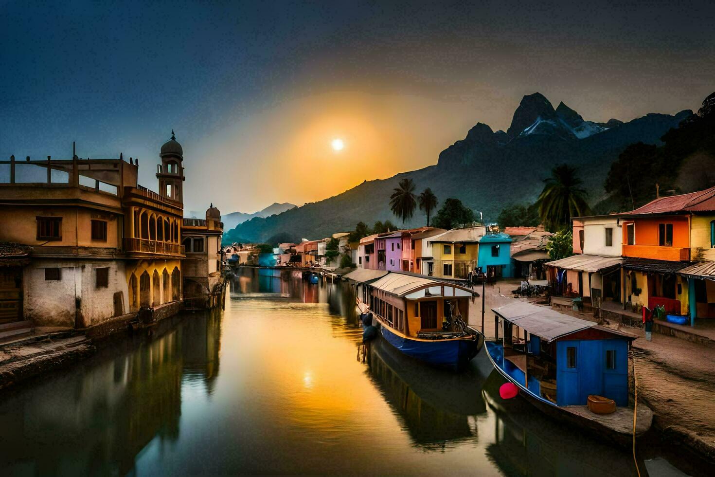 kleurrijk huizen en boten Aan een rivier- Bij zonsondergang. ai-gegenereerd foto