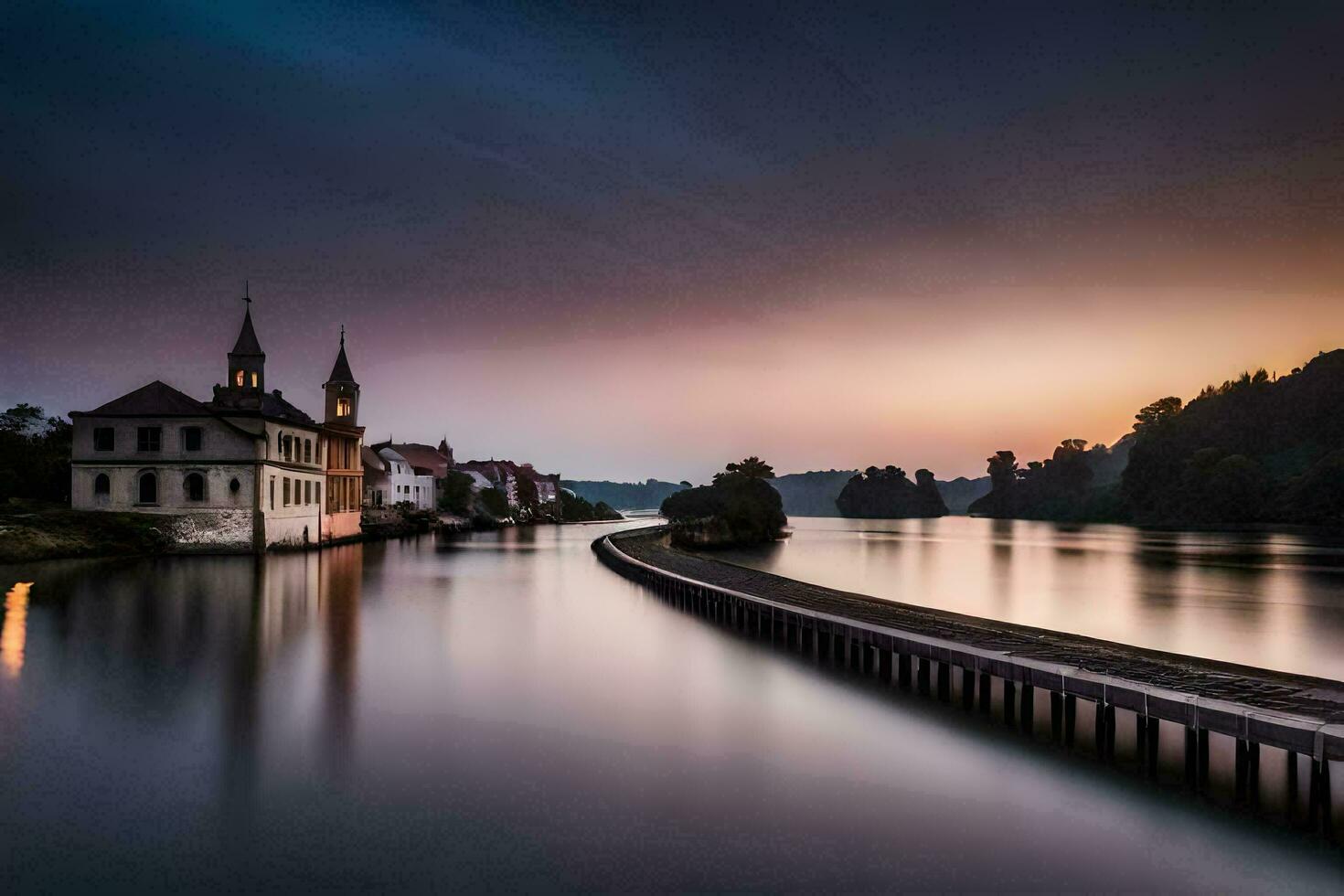 een lang blootstelling fotograaf van een rivier- en een kerk. ai-gegenereerd foto