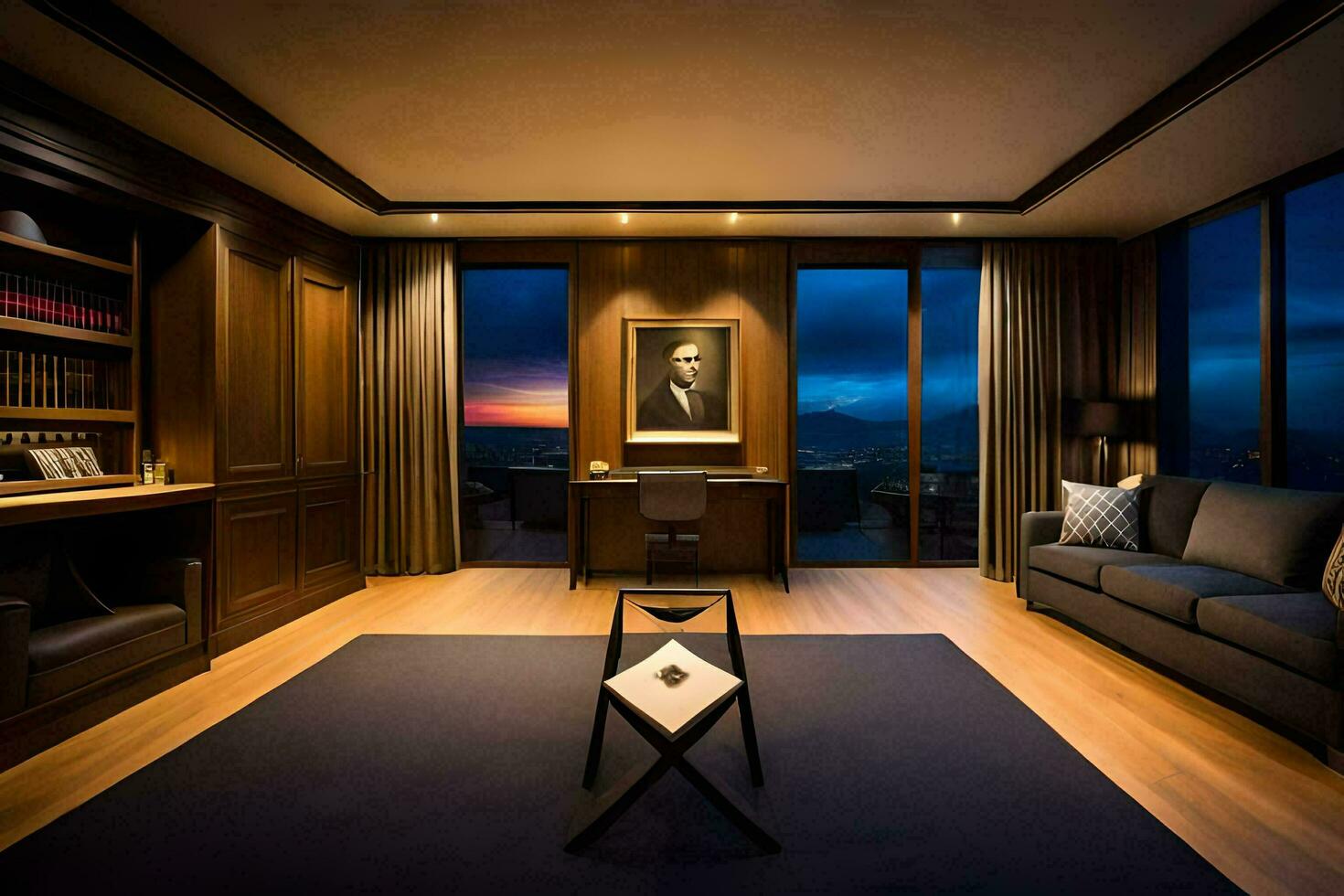 de leven kamer van een luxe hotel kamer met een visie van de stad. ai-gegenereerd foto
