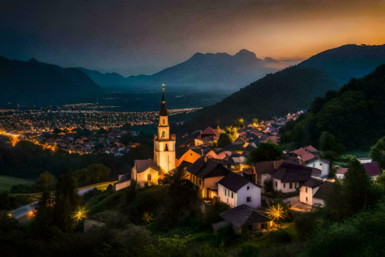 foto behang de lucht, bergen, nacht, dorp, Slovenië, Europa, euro. ai-gegenereerd