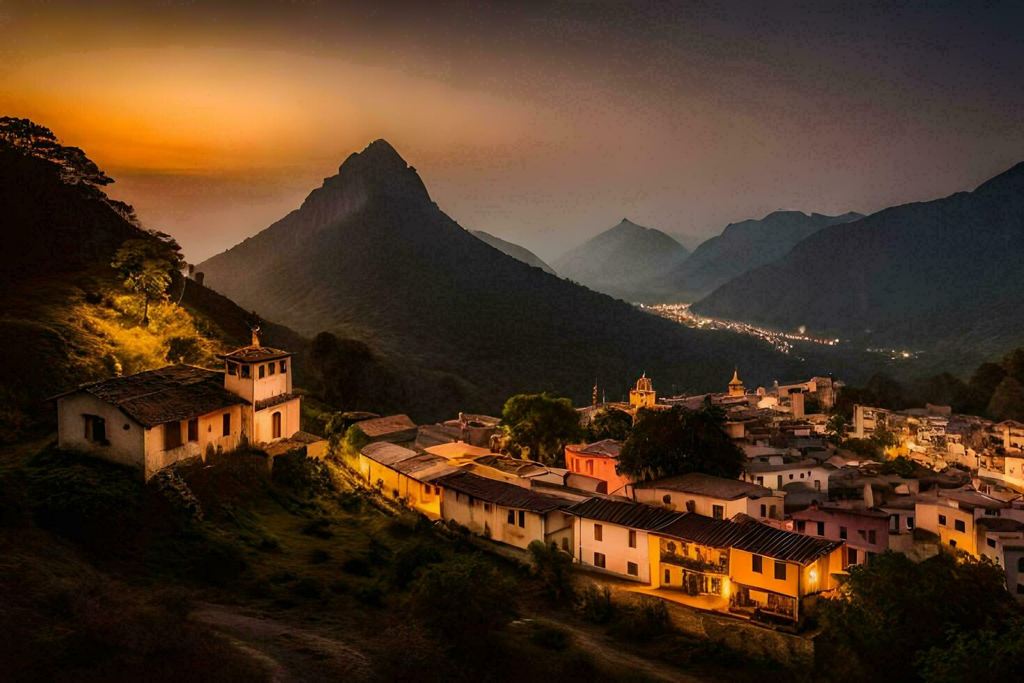 foto behang de lucht, bergen, de dorp, de zonsondergang, de dorp, de dorp,. ai-gegenereerd