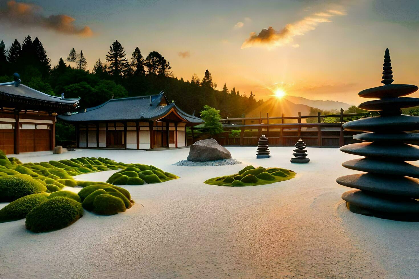 een Japans tuin Bij zonsondergang. ai-gegenereerd foto