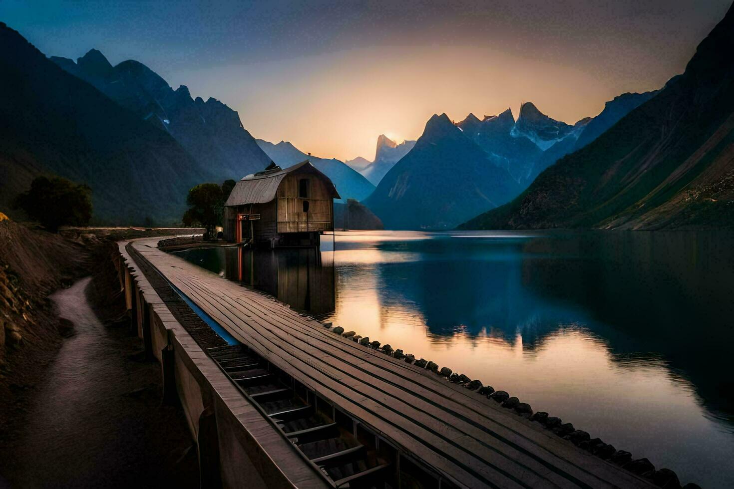 een houten dok en een huis Aan de water. ai-gegenereerd foto