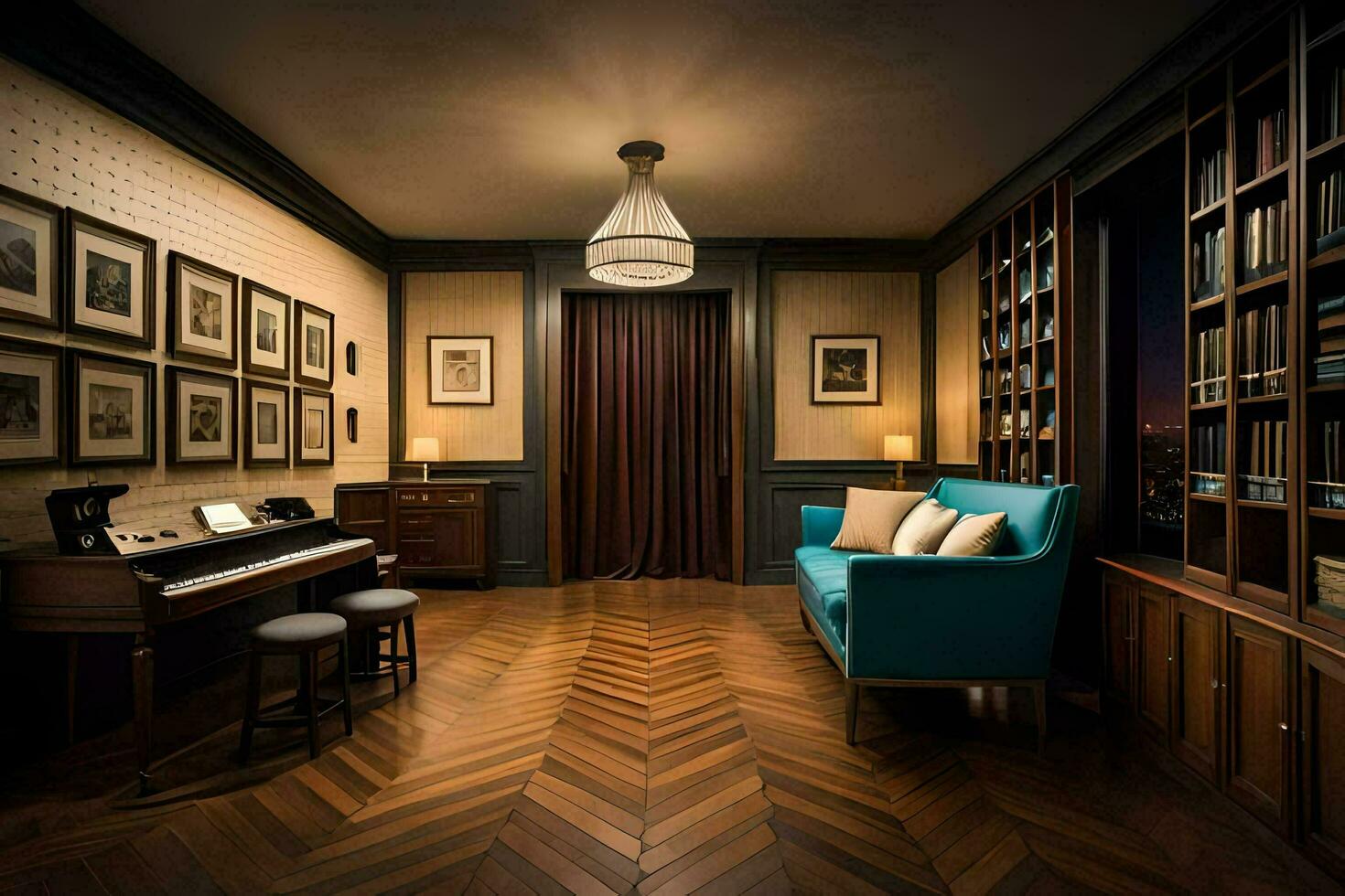 een kamer met een piano, boekenkasten en een bank. ai-gegenereerd foto