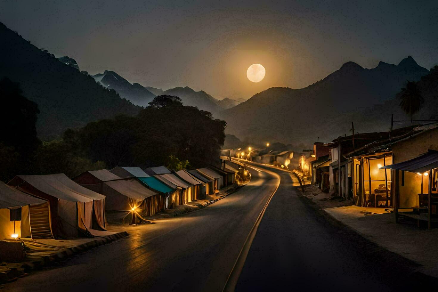 een straat met tenten en lichten Aan in de midden- van de nacht. ai-gegenereerd foto