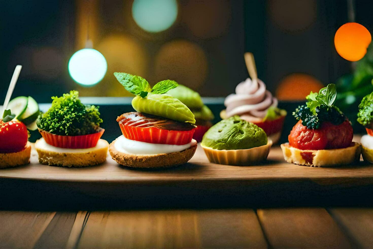 mini desserts Aan een houten dienblad. ai-gegenereerd foto