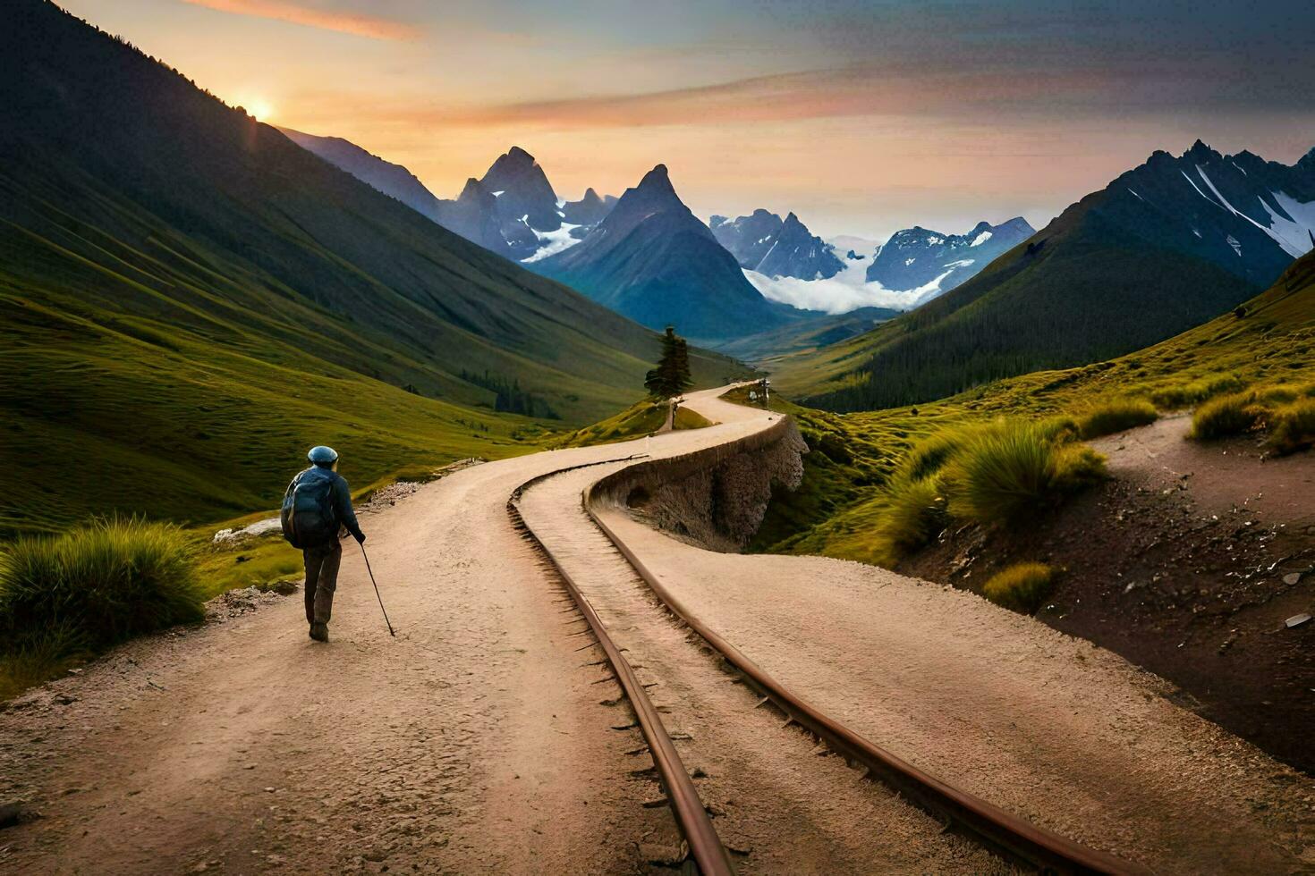 een Mens wandelen langs een weg in de bergen. ai-gegenereerd foto