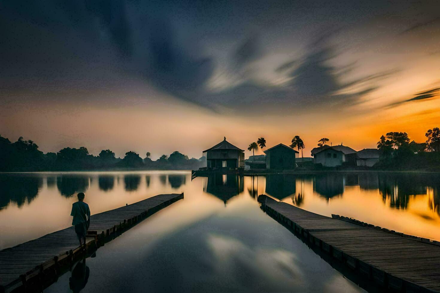 een Mens staat Aan een dok Bij zonsondergang. ai-gegenereerd foto