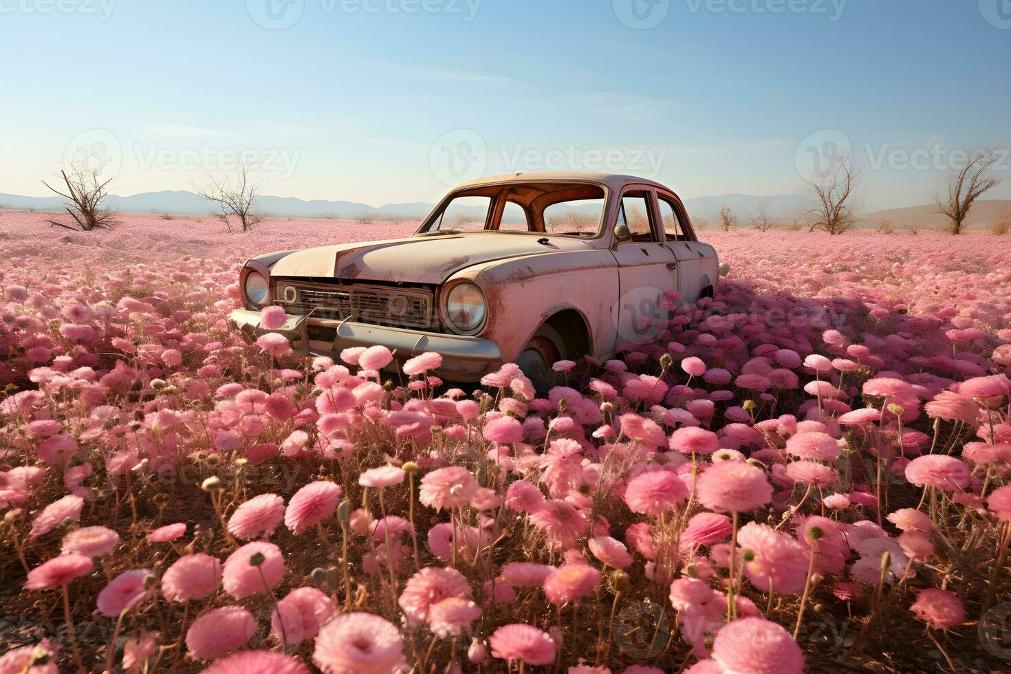 klassiek natuurlijk achtergrond schoon kijken roze auto afbeelding roze bloem veld- generatief ai foto