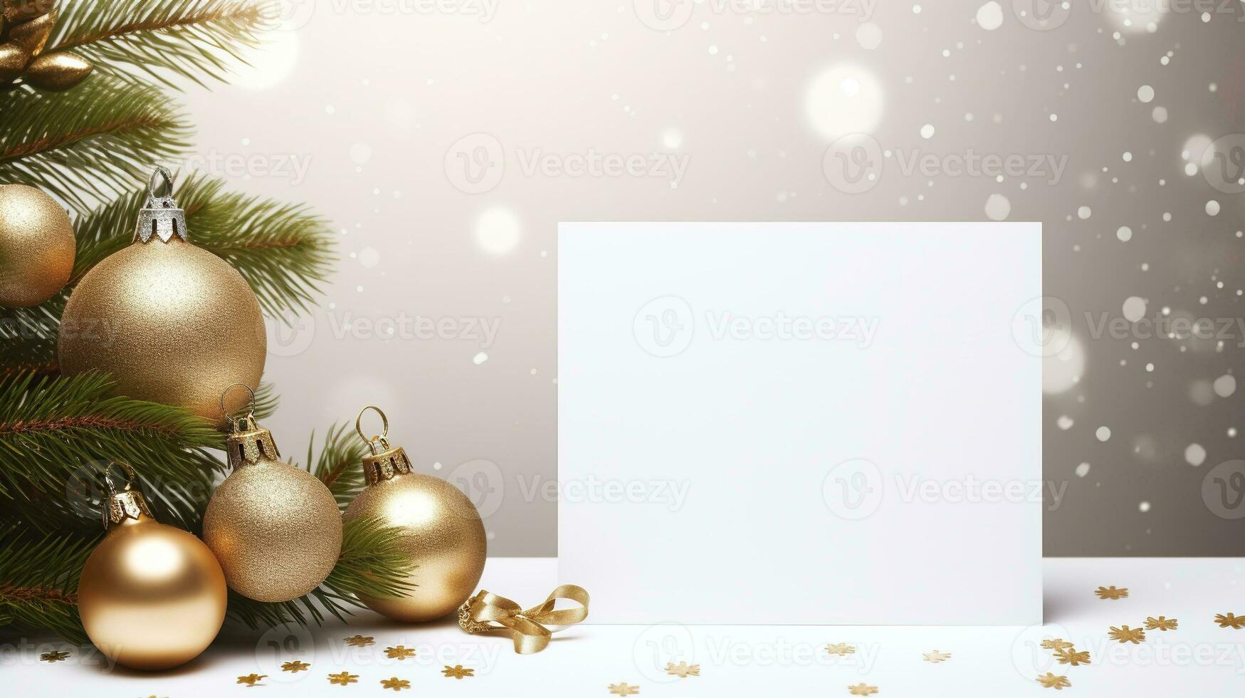 blanco wit groet kaart met Kerstmis decoratie in de omgeving van de kaart, kopiëren ruimte foto