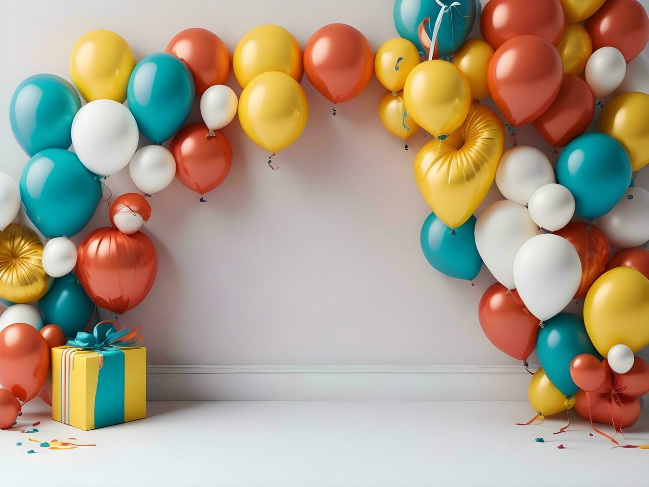 een visueel aantrekkelijk kopiëren ruimte banier met ballonnen en geschenk decoraties ai genereren foto