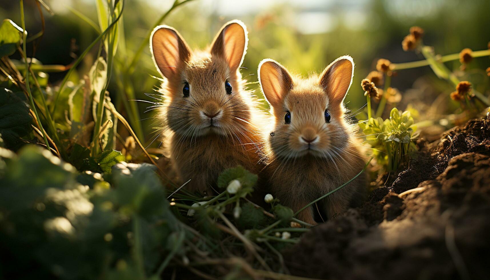twee schattig baby konijnen zittend in de gras, op zoek Bij elk andere gegenereerd door ai foto