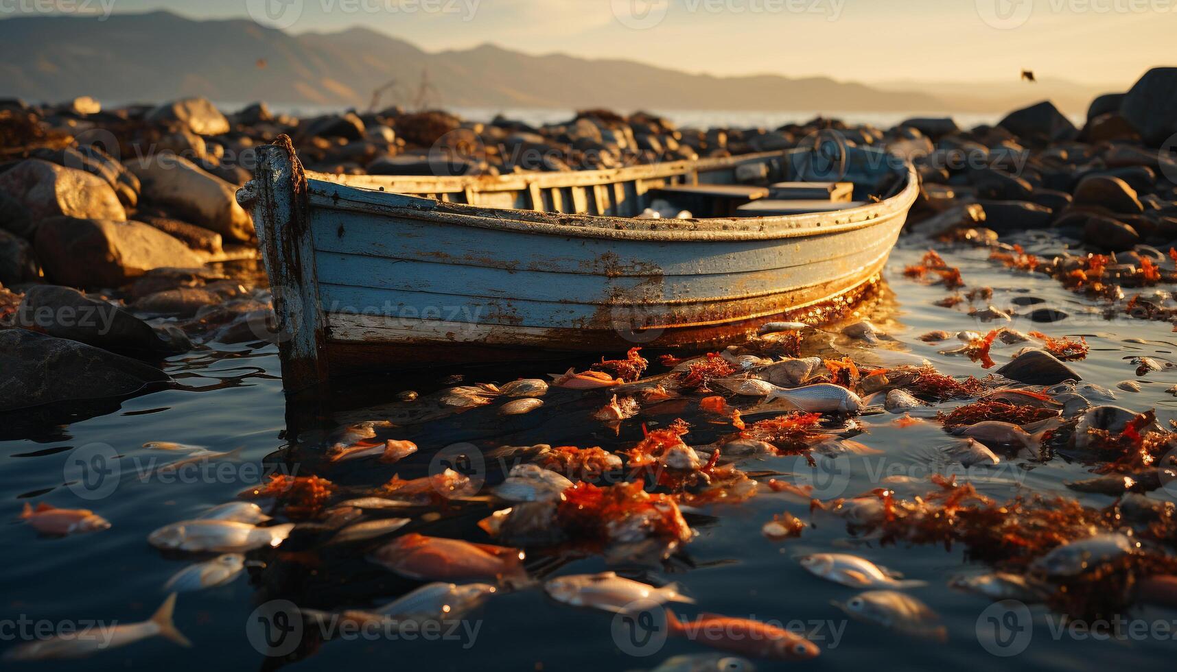 zonsondergang over- rustig kustlijn, visvangst boot weerspiegelt schoonheid in natuur gegenereerd door ai foto