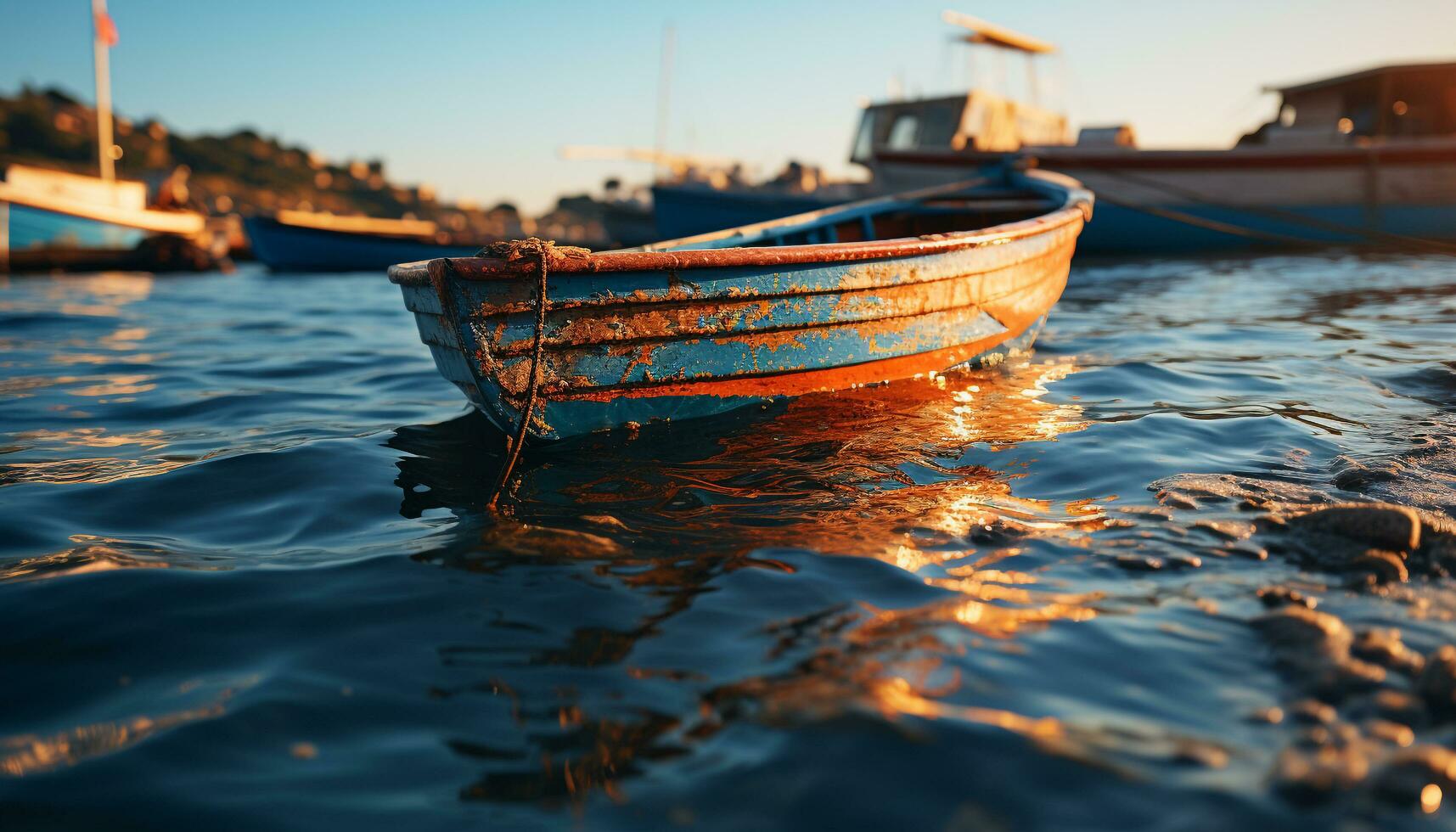 zonsondergang over- rustig water, visvangst boot afgemeerd Bij reclame dok gegenereerd door ai foto