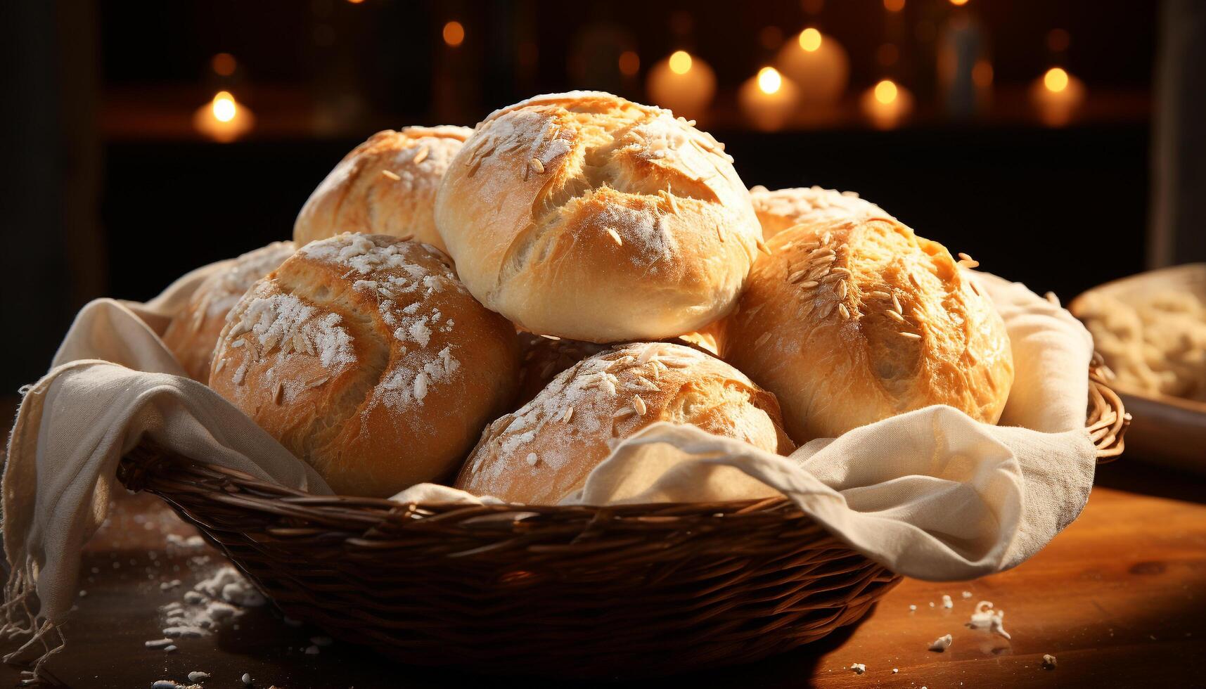 vers gebakken eigengemaakt brood Aan rustiek houten tafel gegenereerd door ai foto